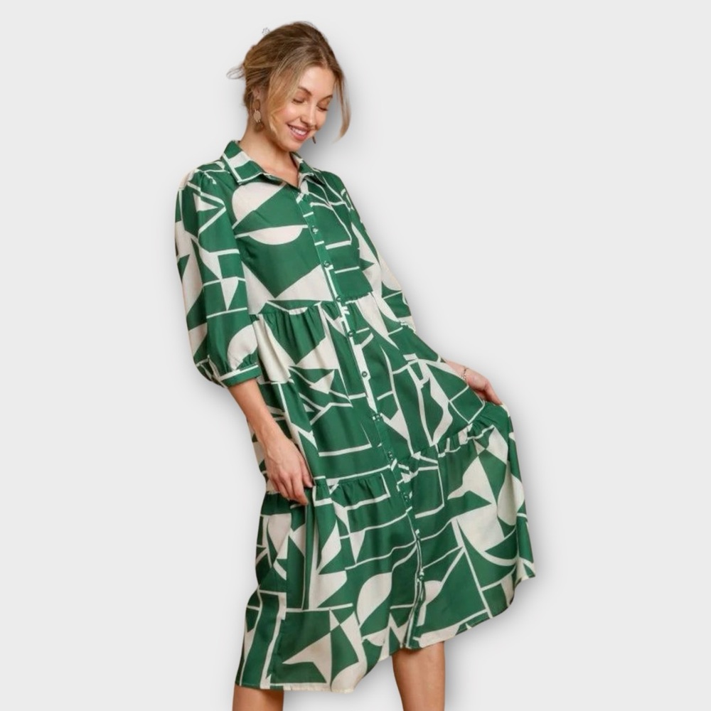 Zara Women's Dress Maxi 100% Cotton Green Cream Geometric Shapes Size S